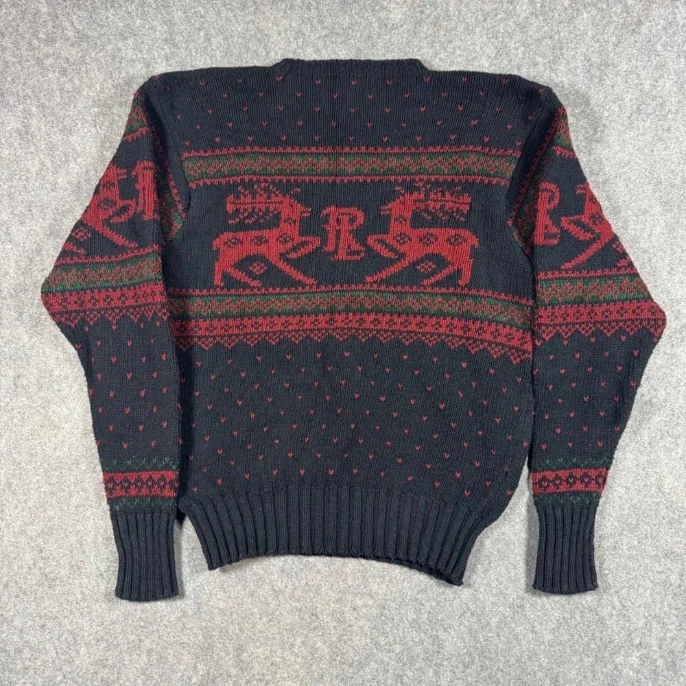 Vintage Polo Ralph Lauren Sweater Mens M Black Reindeer Intarsia Cotton Holiday